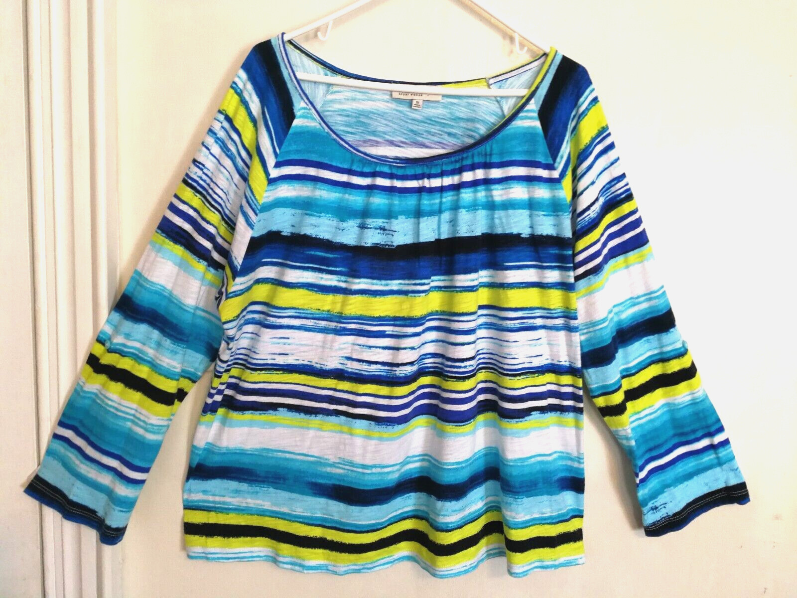 Jones New York Sport Womens Blouse 2X Plus Blue White Green Striped Long Sleeve