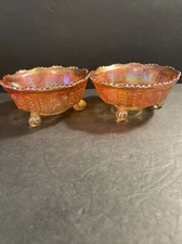 Fenton Amber Iridescent Carnival Glass Footed Candy Dish Berry & Butterfly EUC