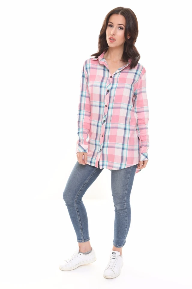 Womens Check Shirt Ladies Long Sleeve Plaid Check Summer Mini Dress UK Size 8-18 - Image 2 of 4