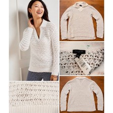 Talbots Petite White Crochet Polo Sweater Siz...