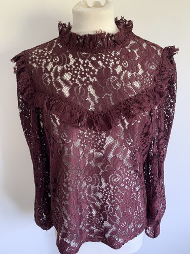 Primark Burgundy Floral Lace Long Sleeve High neck Top blouse Size S UK 10 12