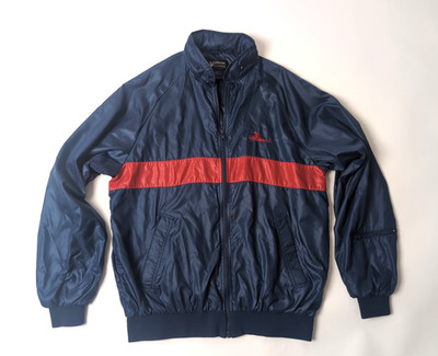 Duckster Jacket Mens L Blue w Red Windbreaker Hooded Full Zip Lined Nylon VTG