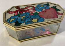 VTG. Floral Stained Glass Octagon Trinket Brass Box Hinged Mirror Floral 5.5"X3"