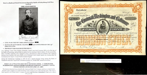 CIVIL WAR GENERAL GETTYSBURG COLONEL 73rd OH INFANTRY RR STOCK DOCUMENT SIGNED