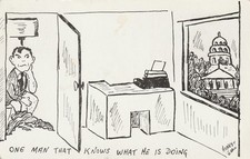 Vintage Postcard Humor Comic Man on toilet at work, Knows what he is doing