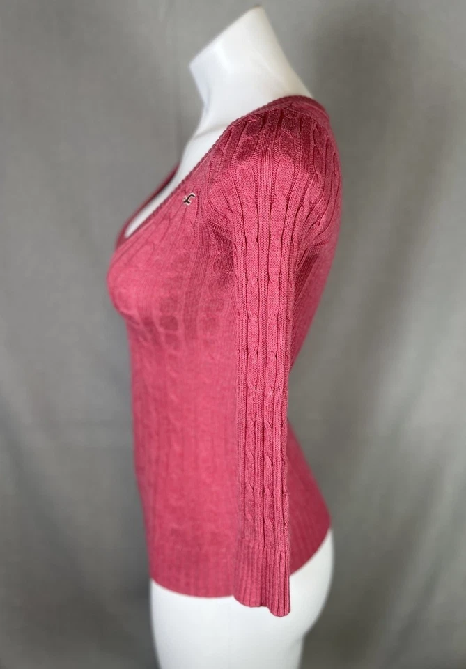 HOLLISTER V Neck Cable Knit Pink 3/4 Sleeve Sweater Size Small Y2K Bella Swan - Image 2 of 4