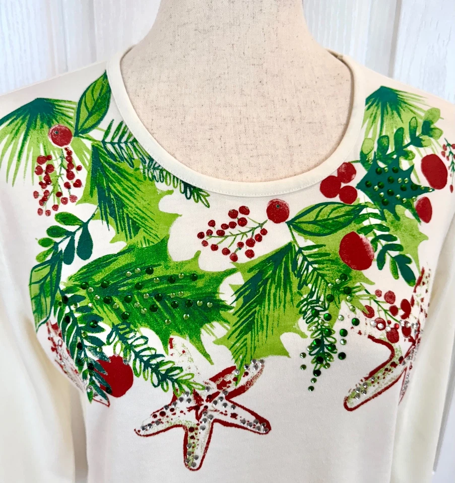热带圣诞上衣,Coral Bay P/S 码,3/4 Slve,棉,珠宝冬青 — 第 3/4 张图片