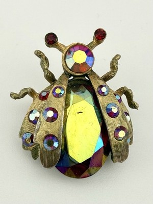 STAR VINTAGE GOLDTONE AURORA BOREALIS RHINESTONE INSECT BROOCH AS IS K662C
