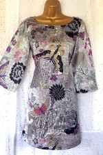 MONSOON Silver Grey Butterfly Floral Beaded Silk Tunic Occasion Dress Size 14