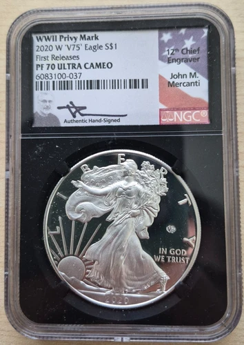 2020-W V75 WW2 Privy American Eagle Proof Silver 1 oz Coin PF70 NGC 1st Release