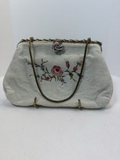 Vintage Rose Floral Evening Clutch Handbag Petite Point Beaded Handmade France