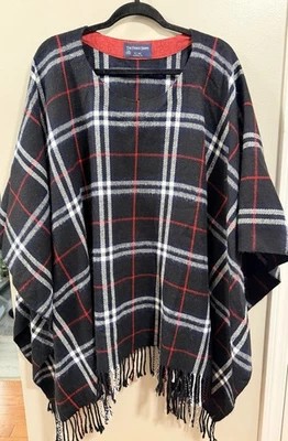 The French Shoppe Plaid Shawl Jacket Poncho W/ Fringe One Size Black Red White - Image 1 of 4