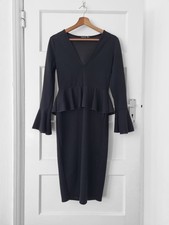 Boohoo Black Peplum Midi Dress - Size 6 - Flared Bell Sleeve