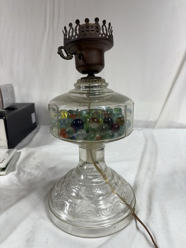 Antique electric Lamp with Clear Glass Stem Full of Colorful Marbles Brass VTG.