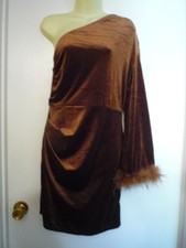 Pretty Garden Cocktail Dress Deep Brown- M- Sleeveless One Shoulder -feathers