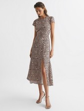 Reiss Livia Cut Out Back Dress UK 8 NEW Brown Midi Lined Capped Sleeve RRP �158