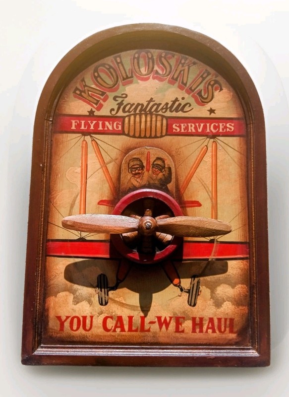 VTG Hand Painted Wooden Ad Sign KOLOSKI'S Fantastic FLYING SERVICES 24"x 16"