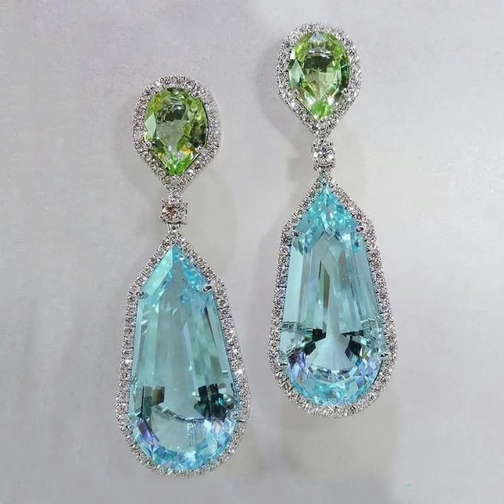 Blue Green Cubic Zirconia Drop Earrings Silver Plated Bridal Prom Spring Summer