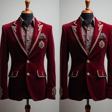 Luxury Burgundy Men's Suits Gold Applique Slim Fit Formal Dinner Wedding 2 Piece