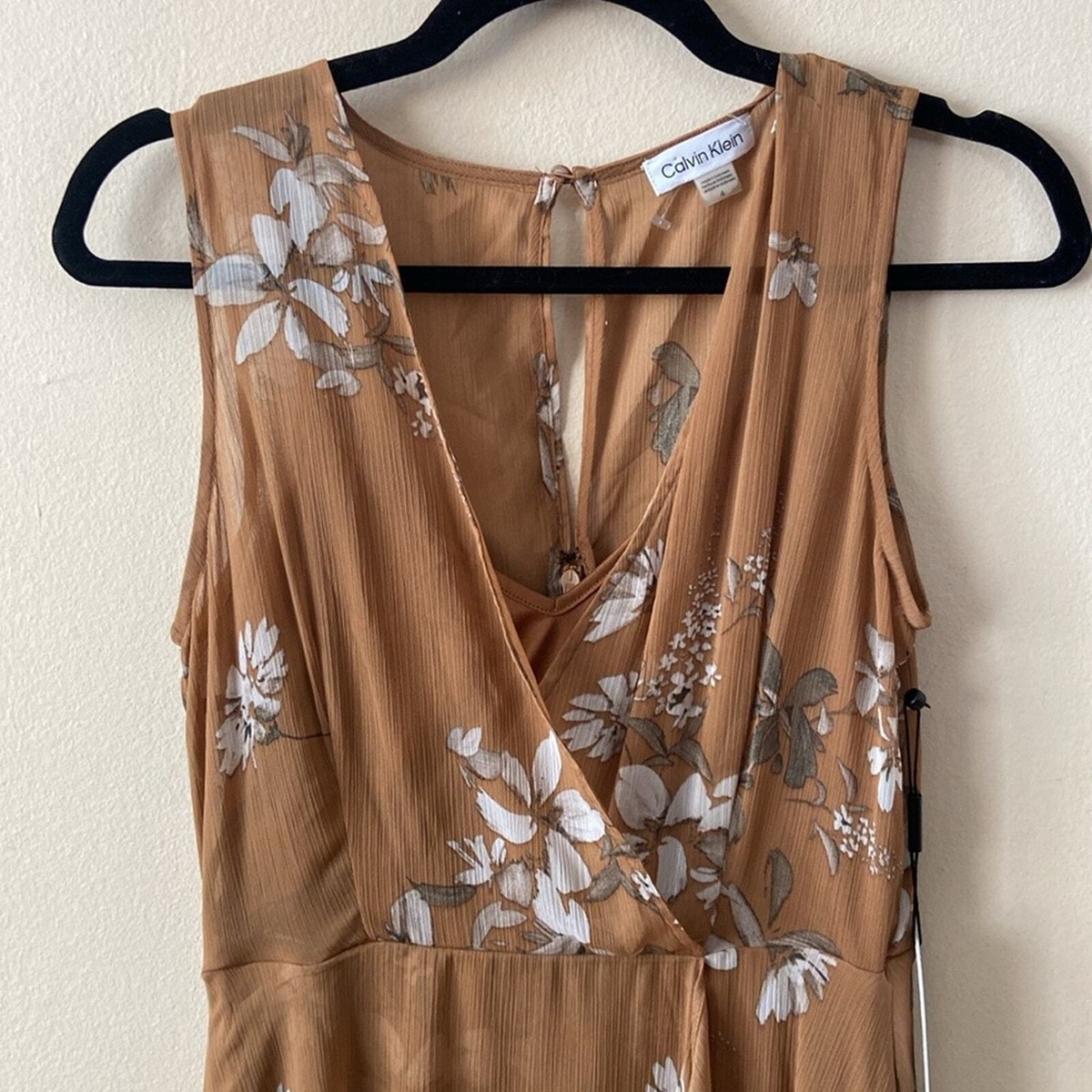 New Calvin Klein Faux Wrap Tan Floral Print Dress 4 Flowy Chiffon Hi Lo Hem  | eBay