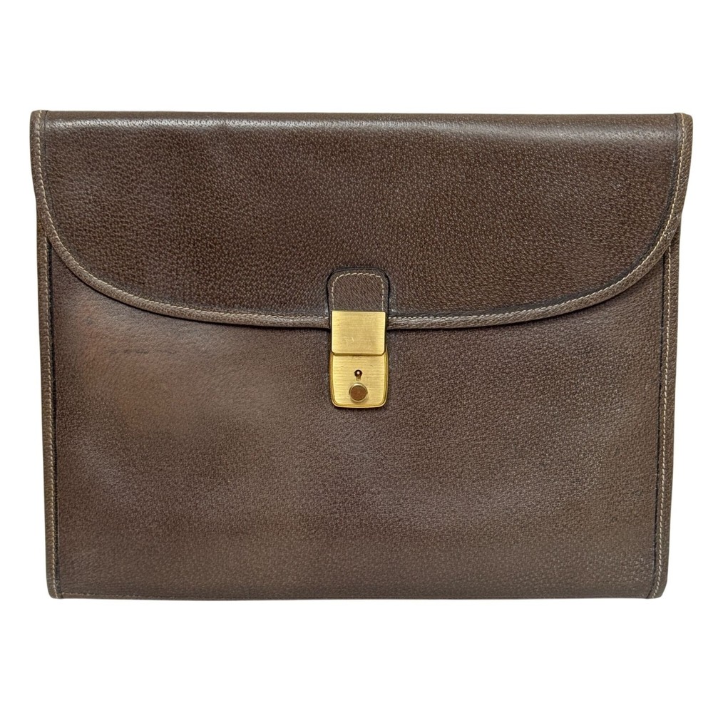 Vintage Gucci Brown Leather Document Holder Notepad Attache Brass Lock Closure