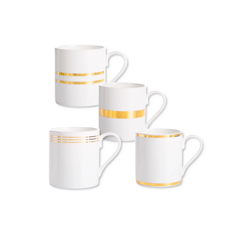 D&F Fine Bone China Gold Design 350ml LR Mug set of 4, Father's Day Gift