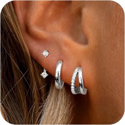 3pcs Sterling Silver Stud Hoop Earrings Set Stacks Dainty Small