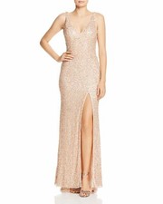 MAC DUGGAL 1068L Rose Gold Pink Sequin Beaded Embellished High Slit Dress Gown 8