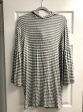 Lou And Grey Womens Sweater Dress Hood Bell Sleeve Striped White Gray S   LSD1