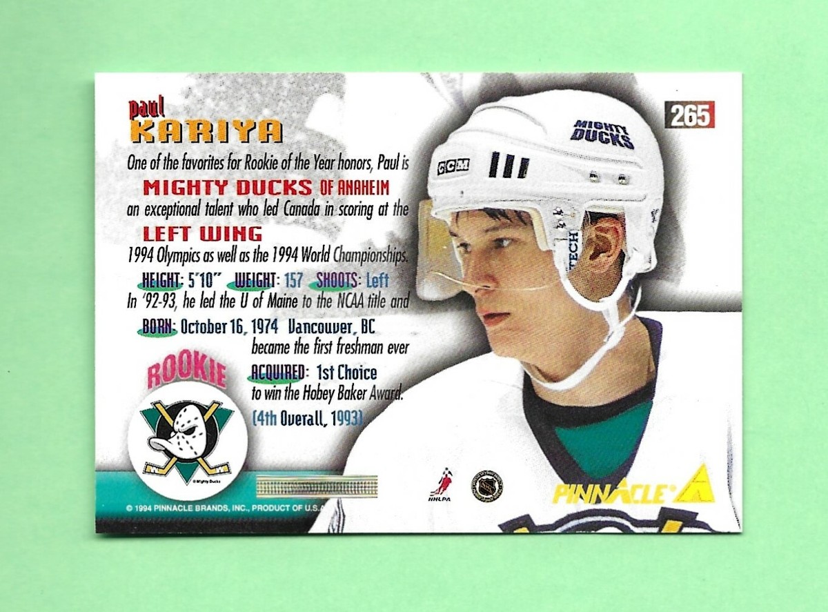 94-95 Pinnacle ROOKIE RC Card # 265 PAUL KARIYA DUCKS EXCEPTIONAL