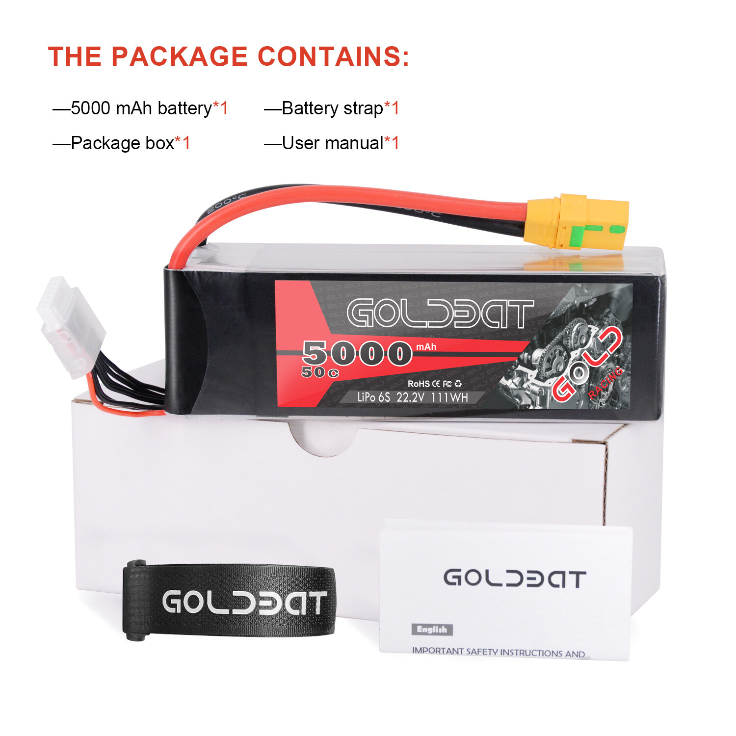 5000mAh 22.2V Goldbat 6S LiPo Battery 50C XT90 Plug for RC Helicopter Drone Car