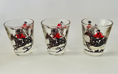 Vintage Set of 3 Fox Hunt Shot Glasses Horse, Rider, And Dogs Red & Black Print