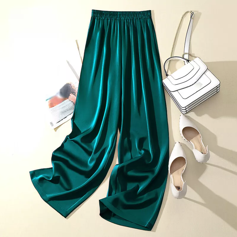 Off White Satin Pants Set Silk Wide Leg Pants Set Loose Satin Trousers Set  Womens Elastic High Waist Wedding Silk Satin Pajamas 