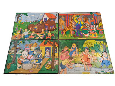 LOT OF 4 BUILT-RITE Tray Puzzles Set No. 18 Vintage 1960s Children Boot Zoo Cats