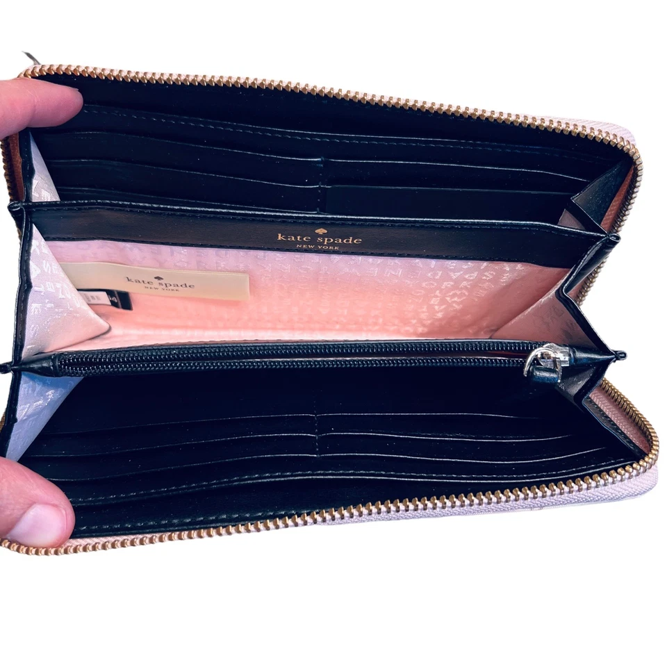 Organizador de carteira feminina Kate Spade couro envernizado grande zíper xadrez rosa - Imagem 3 de 4