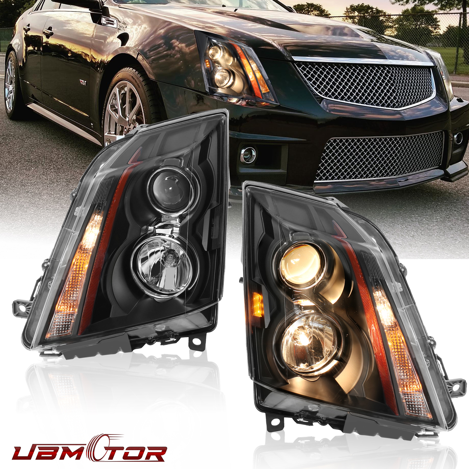 2008-14 Cadillac CTS CT-S Black Halogen Headlights with Bulbs Lamps LH RH  