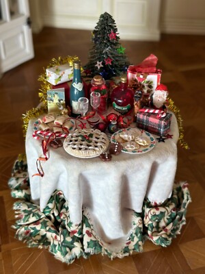 Dolls house miniature 1:12 dressed Xmas table food - decorations food cake