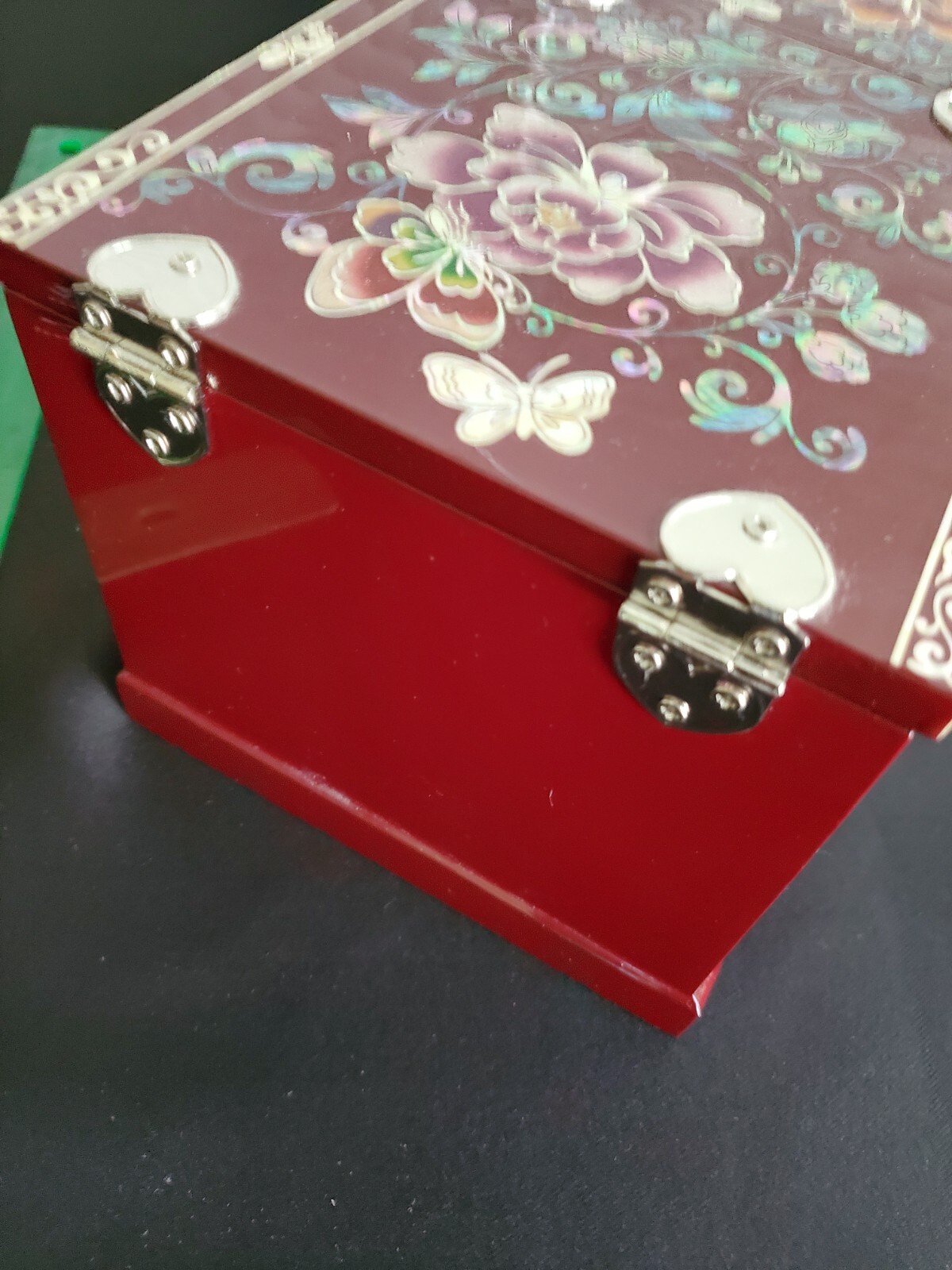 Vtg GorgeouKorean Mother of Pearl Lacquer Jewelry Box Two Drawer W/ Slide Mirror