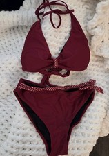 Womens Size Small Maroon Red White Polka Dot Bikini Swimsuit