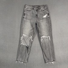 American Eagle Jeans Women  s 6 Short Gray Mom Jean Distressed Knee Stretch Denim