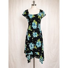 Sangria Floral Asymmetrical Dress Size 10 Black Blue Green Sheer Overlay Beaded