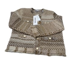 Veronica Beard Sariyah Fringe Knit Jacket Color Desert Khaki Multi Size S