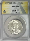 1957 Silver Ben Franklin Half Dollar, ANACS MS-64 FBL (Full Bell Lines)