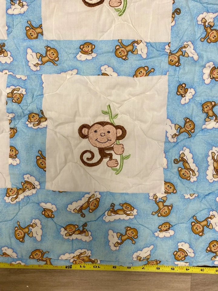 Homemade Monkey Patchwork Squares Baby Quilt Toddler Handcrafted 38 x 46” VG - Image 2 of 4