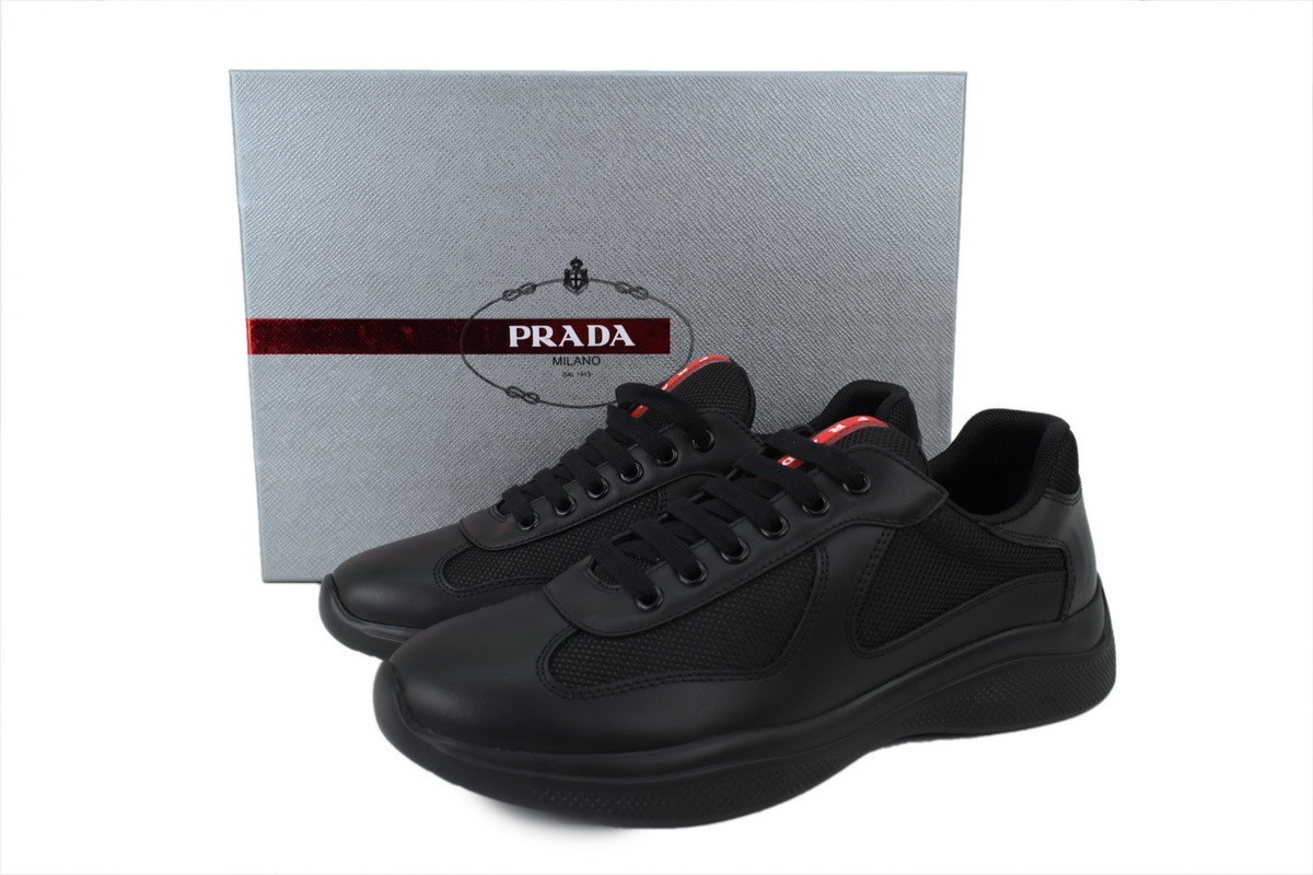 Prada Men's America's Cup Triple Black Leather Mesh Sport Trainers Casual Walkin