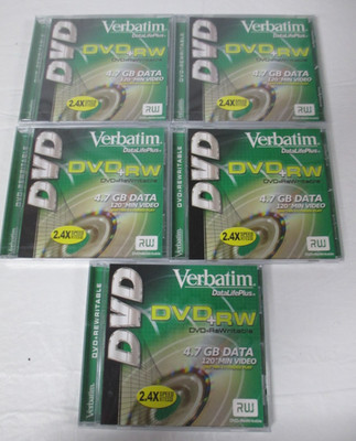 Lot of 5 Verbatim DataLifePlus DVD+RW 2.4x 4.7GB 120 Min Unsealed BUT New
