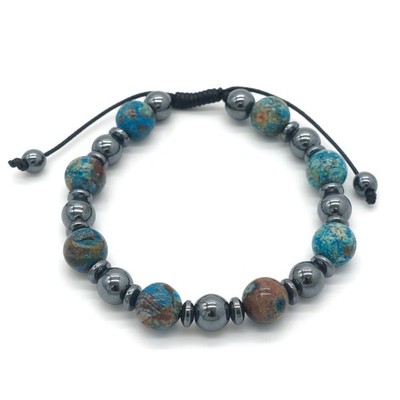Mens Hematite & Ocean Jasper Gemstone Bracelet Adjustable   Healing Energy