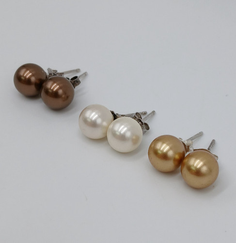 3pr 925 Faux Pearl Stud Earrings 8mm Sterling Silver Gold Bronze Cream Estate