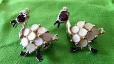 VINTAGE Lot of 2 Faux Pearl Duck Brooches Gold Tone Rhinestone Eyes Pin 