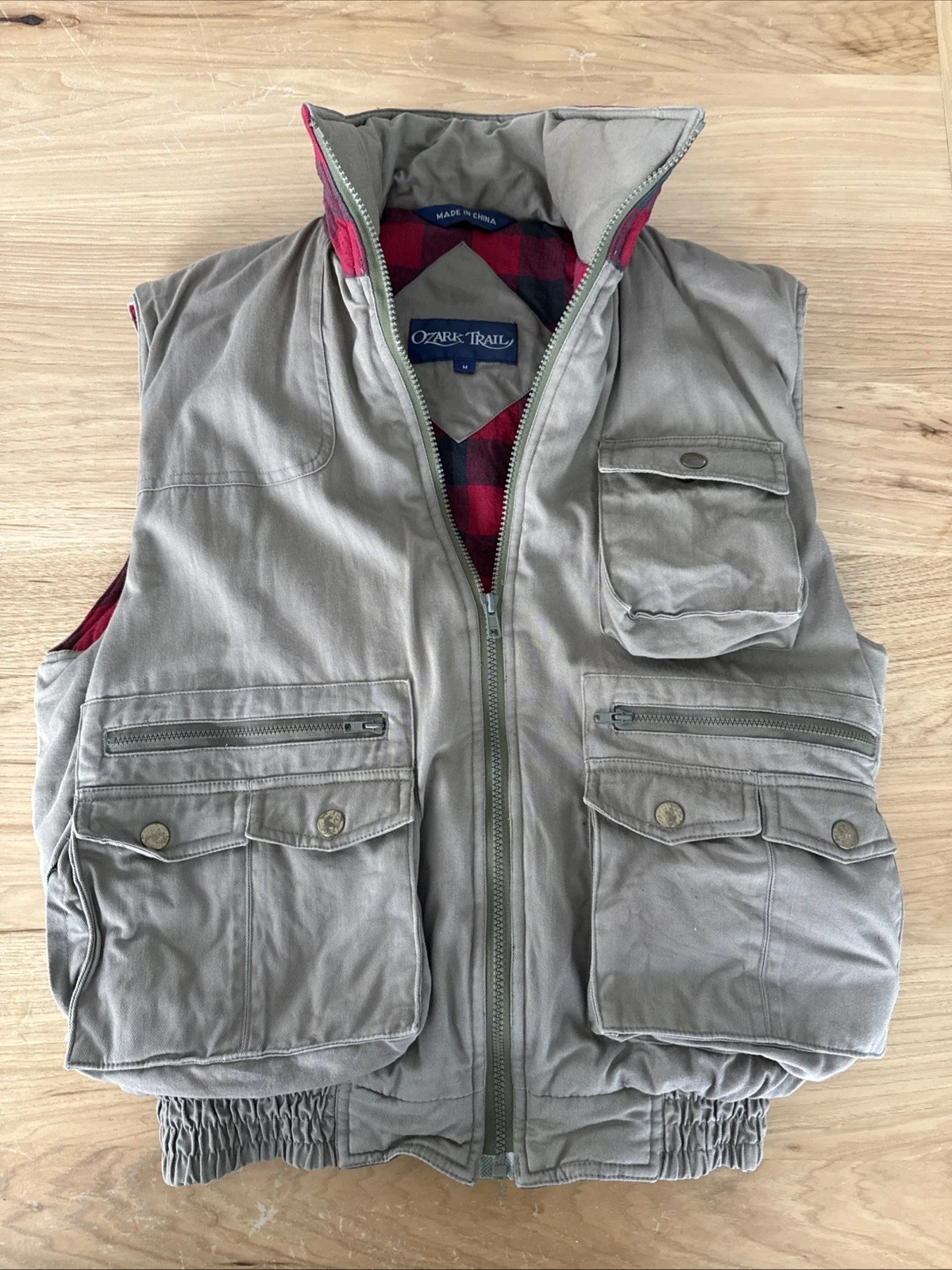 Ozark Trail Canvas Work Vest Men's Medium Red Black Buffalo Plaid Lining Vintage